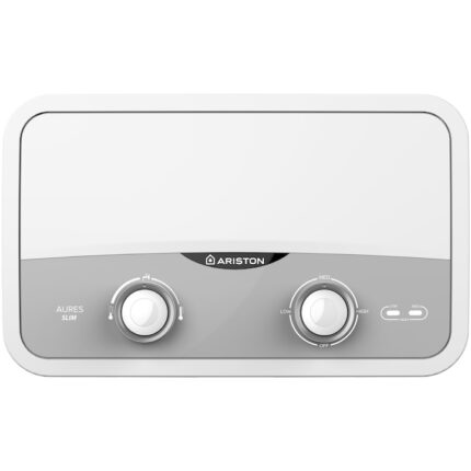 Incalzitor instant electric pentru apa Ariston AURES SLIM FLOW, Instalare single-point, Buton reglare debit, Protectie electrica IP25, Termostat cu siguranta dubla, 4 setari de putere, Kit robinet/dus