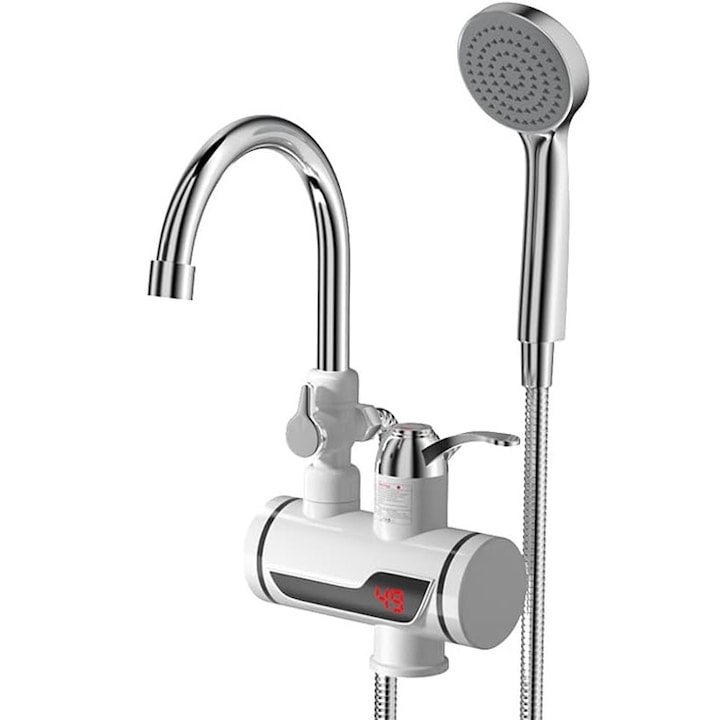 Set complet de dus Rqiurpn, robinet electric cu incalzire rapida, afisaj LED, inox/ABS/cupru, 2500W, 30-60°C vara/30-40°C iarna, 1.4m