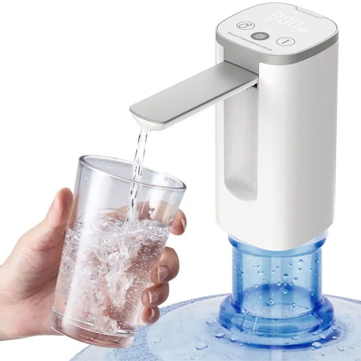 Silentios Dozator Apa pentru Bidon 19L CZAY®, Dispenser Electric Pliabil cu Ecran Digital, Silentios, Portabil, Fara BPA, Non-toxic, Dispozitiv cu 3 Trepte Dozare, Flux Puternic, USB Tip C, Indicator Nivel Baterie, Acumulator 1200 mAh, Alb
