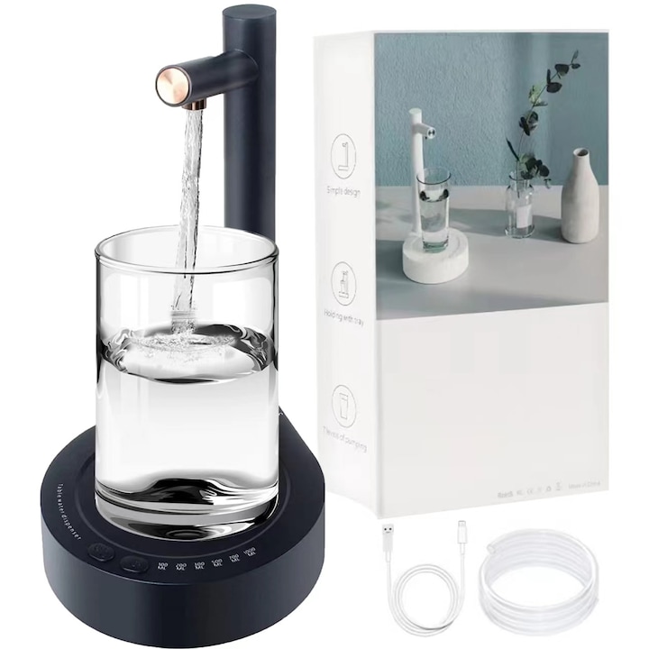 Dozator apa de birou, Excitat®, pompa electrica, 7 moduri inteligente, cu baterie, reincarcabila prin USB, albastru inchis