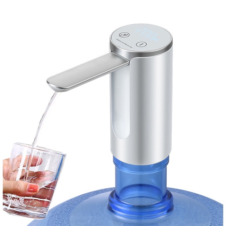 Dozator cu ecran digital Pompa Electrica pentru Bidon de Apa, Pliabil, Dozator cu ecran digital, Indicator nivel baterie, Dozarea cantitatii de apa, Compatibil cu Bidoane de Apa de 5L/10L/15L/20L, ABS, Vaxiuja, Alb