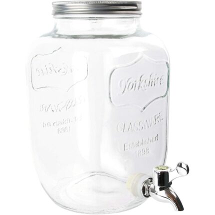 Dispenser din sticla pentru bauturi, suport lemn de pin, 4L, cu robinet si dop inox