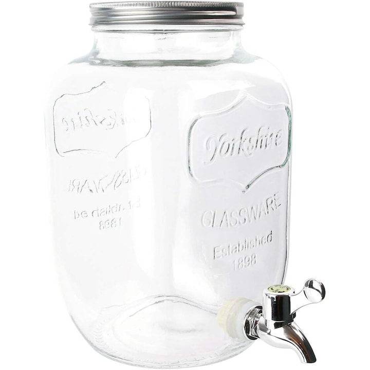 Dispenser din sticla pentru bauturi, suport lemn de pin, 4L, cu robinet si dop inox