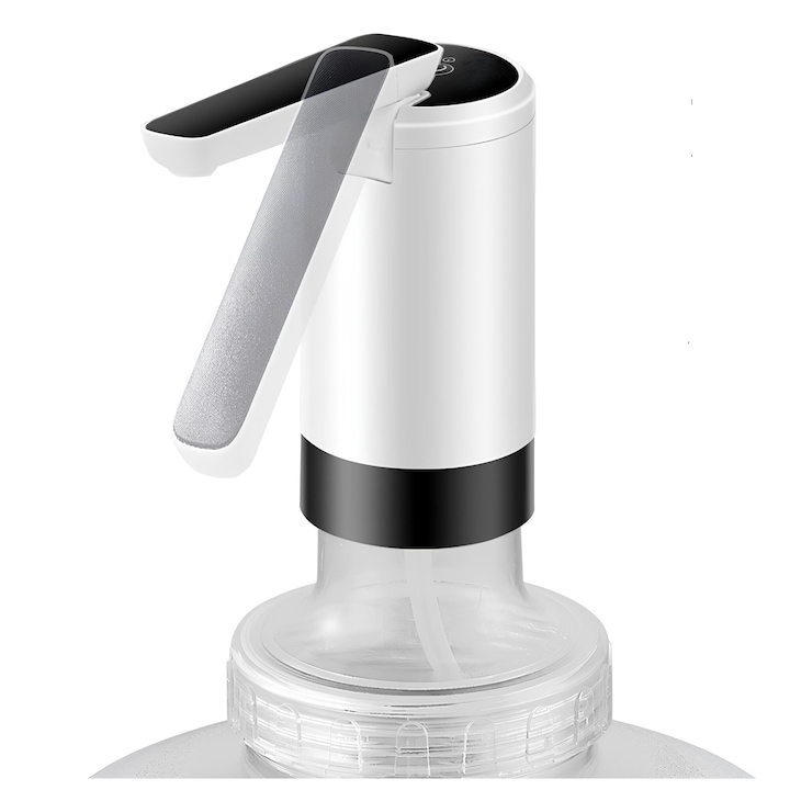Buton On / Off Dozator de apa electric, Compatibil Bidon 5L / 10L / 19 L, Buton On / Off, 18.9 L / Incarcare, Micro USB, Alb - Negru