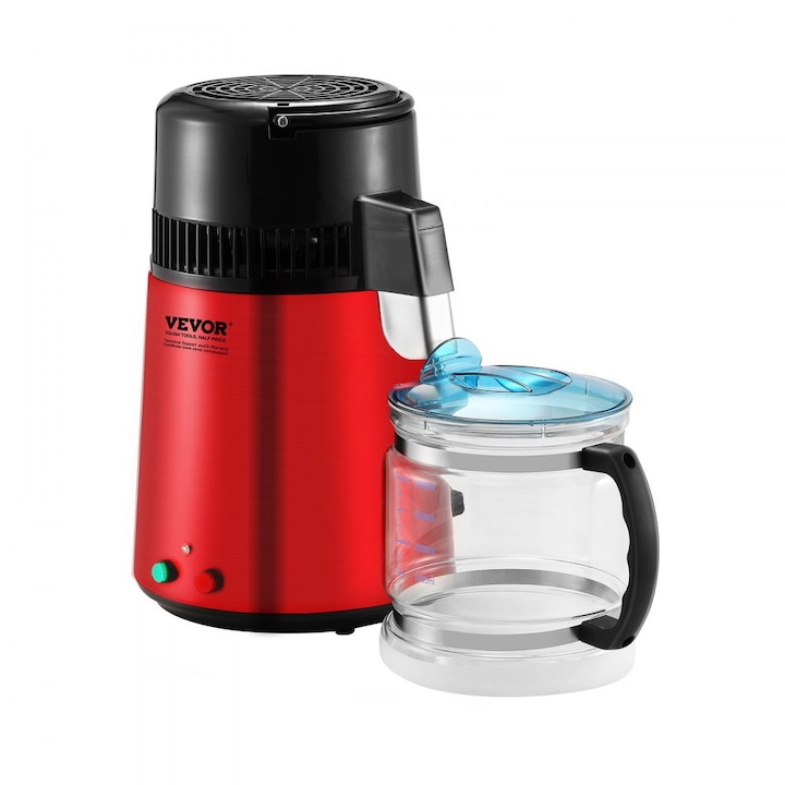 Distilator Electric de Apa, 750W, Capacitate Rezervor 4 Litri, Randament 1 L/H, 24 L/Zi, Temperatura Reglabila, Otel Inoxidabil, Material Carafa Sticla Borosilicata, Negru/ Rosu