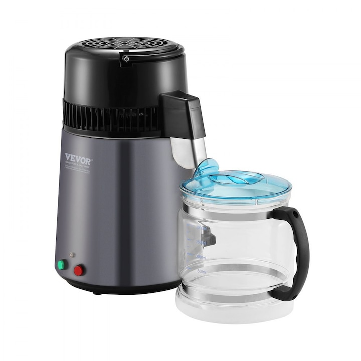 Distilator Electric de Apa, 750W, Capacitate 4 Litri, Randament 1 L/H, 24 L/Zi, Temperatura Reglabila, Otel Inoxidabil, Material Carafa Sticla Borosilicata, Gri Inchis
