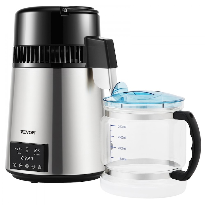 Distilator Electric de Apa, 750W, Capacitate 4 Litri, Randament 1 L/H, Temperatura Reglabila, Ecran de Control LCD, Otel Inoxidabil, Material Cana Gradata Sticla Borosilicata, Gri