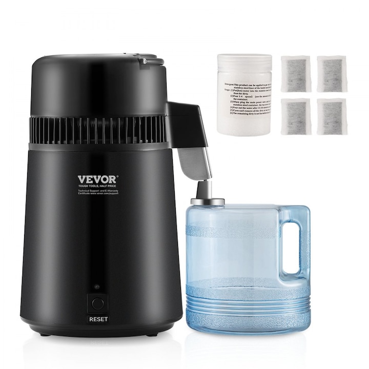 Distilator Electric de Apa, 750W, Capacitate 4 Litri, Randament 1 L/H, 24 L/Zi, Temperatura Reglabila, Otel Inoxidabil, Material Carafa Sticla Borosilicata, Negru