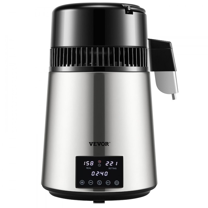 Distilator Electric de Apa, 1750W, 4 Litri, 1.5L/H, 36L/Zi, Temperatura Reglabila, Ecran Digital, Otel Inoxidabil, Material Carafa Sticla Borosilicata, Negru/ Gri