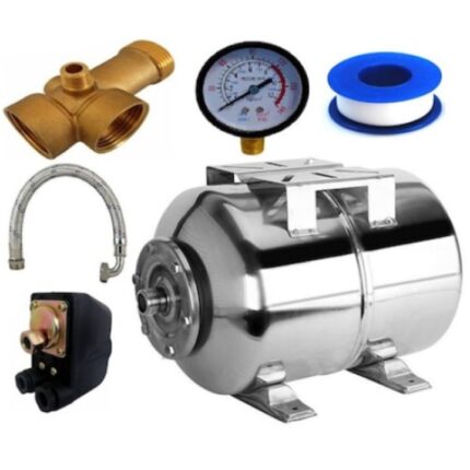 Set accesorii, vas expansiune 24L inox Campion®, presostat, manometru, racord 5 cai bronz, furtun racord inox cu cot 60cm