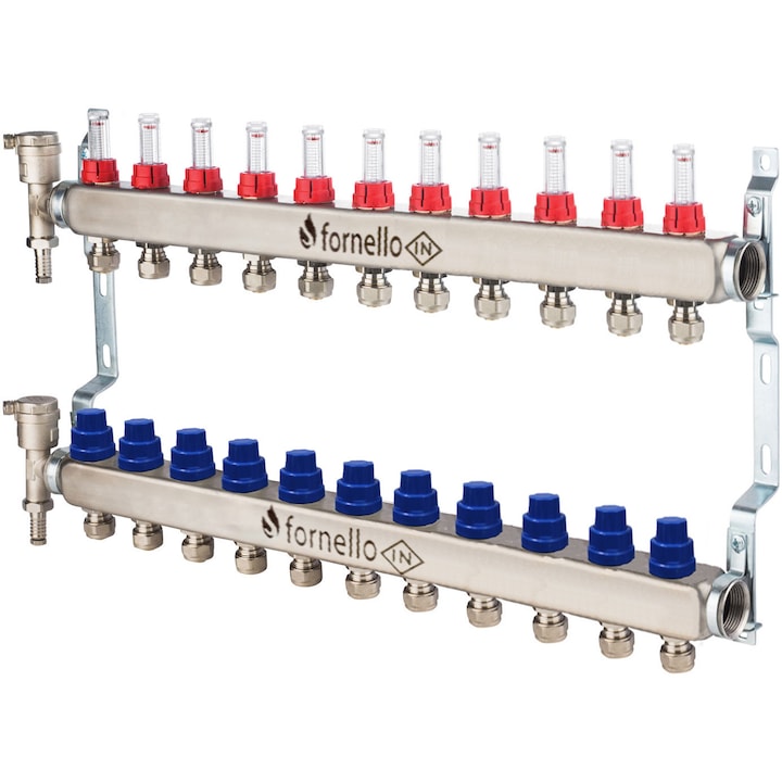 Distribuitor-Colector Fornello, echipat cu debitmetre, robineti si aerisitoare, inox, filet interior, 11 cai, 1"
