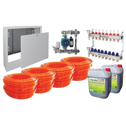 Pachet incalzire prin pardoseala Fornello, 80 mp, Teava PE-RT, Distribuitor-Colector, Grup de amestec fara pompa, Niplu redus 1-1/4" - 1", Pompa de recirculare, Cutie distribuitor, Aditiv sapa