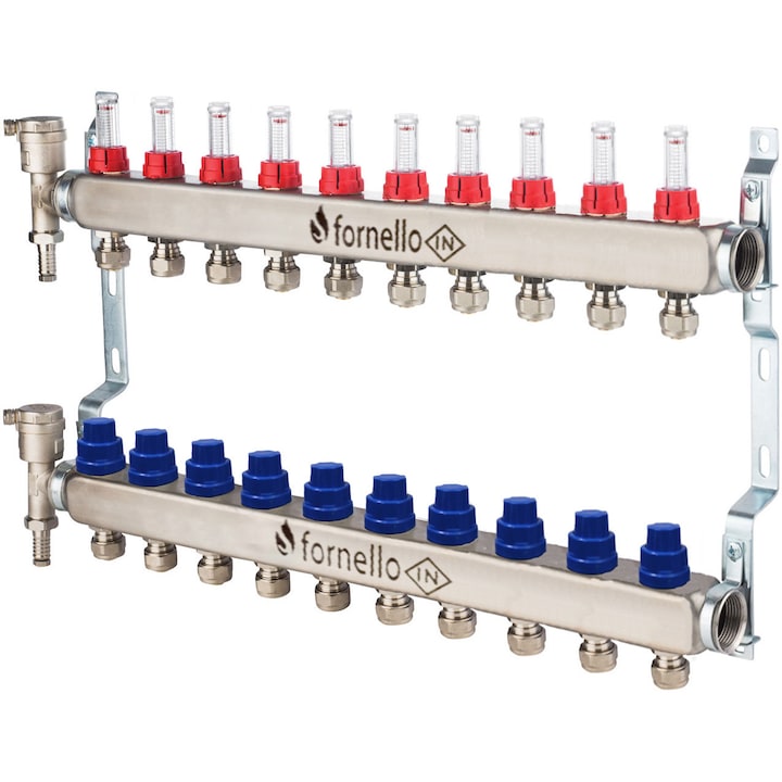 Distribuitor-Colector Fornello, echipat cu debitmetre, robineti si aerisitoare, inox, filet interior, 10 cai, 1"