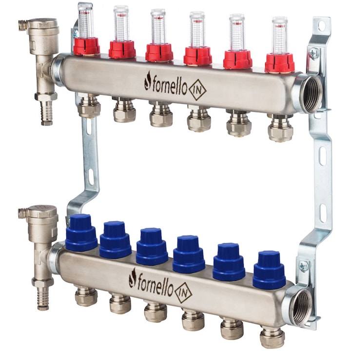 Distribuitor-Colector Fornello, echipat cu debitmetre, robineti si aerisitoare, inox, filet interior, 6 cai, 1"