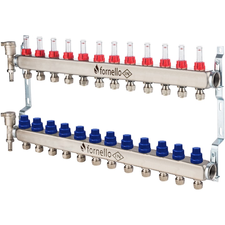 Distribuitor-Colector Fornello, echipat cu debitmetre, robineti si aerisitoare, inox, filet interior, 12 cai, 1"