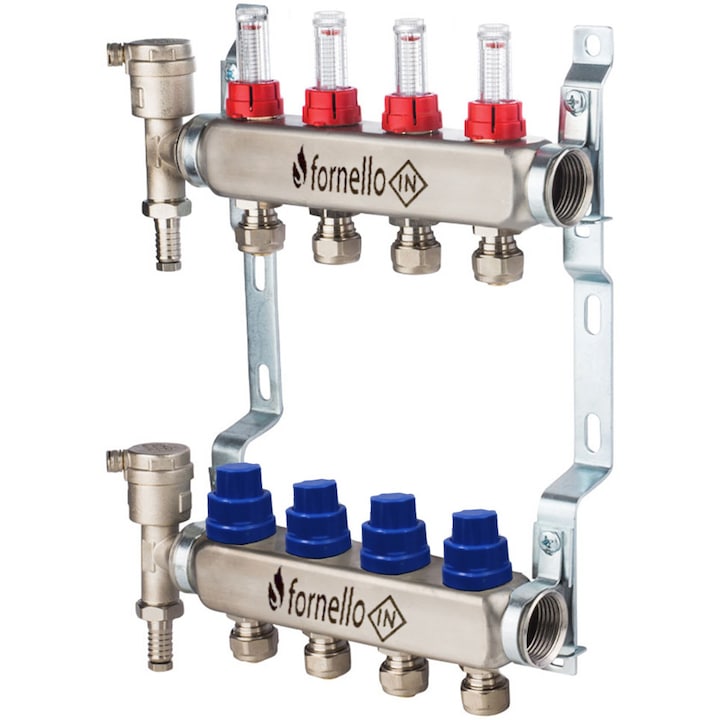 Distribuitor-Colector Fornello, echipat cu debitmetre, robineti si aerisitoare, inox, filet interior, 4 cai, 1"