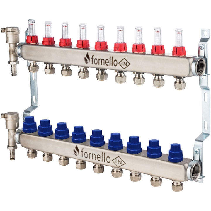 Distribuitor-Colector Fornello, echipat cu debitmetre, robineti si aerisitoare, inox, filet interior, 9 cai, 1"