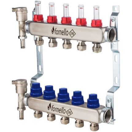 Distribuitor-Colector Fornello, echipat cu debitmetre, robineti si aerisitoare, inox, filet interior, 5 cai, 1"