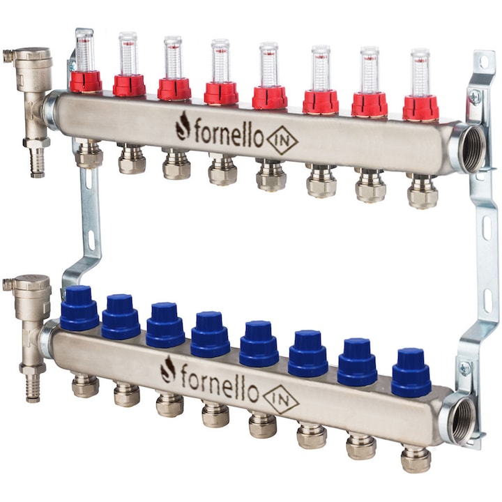 Distribuitor-Colector Fornello, echipat cu debitmetre, robineti si aerisitoare, inox, filet interior, 8 cai, 1"