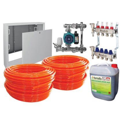 Pachet incalzire prin pardoseala Fornello, 40 mp, Teava PE-RT, Distribuitor-Colector, Grup de amestec fara pompa, Niplu redus 1-1/4" - 1", Pompa de recirculare, Cutie distribuitor, Aditiv sapa