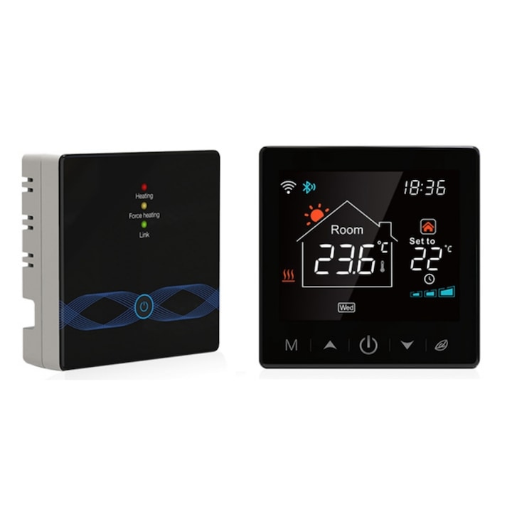 Termostat Smart WiFi/RF, wireless incalzire in pardoseala/calorifer, Precizie ±0.5 °C, Negru