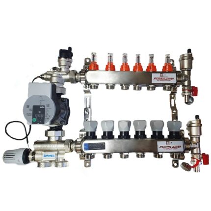 Set distribuitor pardoseala RTM cu 6 cai, 3/4", cu grup amestec Emmeti cu pompa Wilo Para STG 25/7 si kit aerisitor incluse