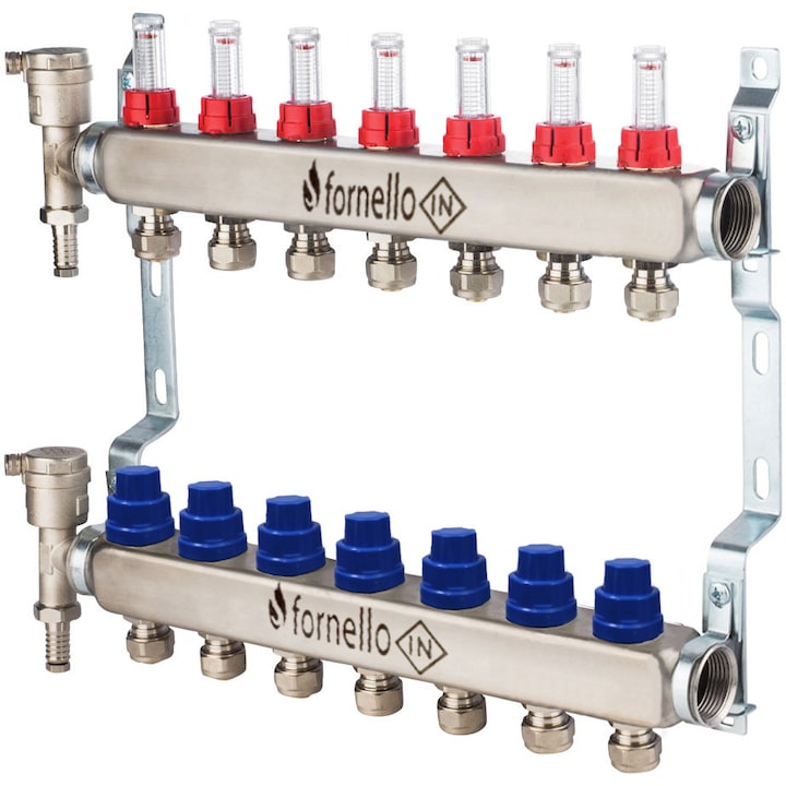 Distribuitor-Colector Fornello, echipat cu debitmetre, robineti si aerisitoare, inox, filet interior, 7 cai, 1"