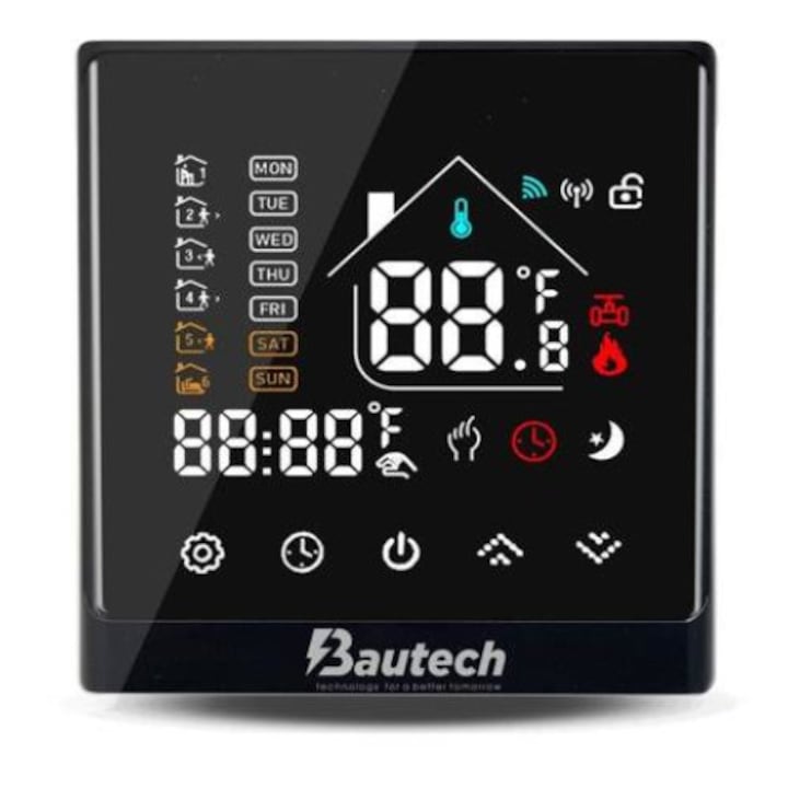 Termostat smart control wifi sistem incalzire pardoseala, cu fir, Bautech X-8wf, negru