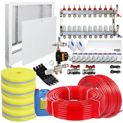 Set pentru 100 mp de incalzire prin pardoseala cu teava Como-Floor Ø17x2 mm, distribuitor 10 circuite, grup de amestec cu pompa si automatizare 2 zone, Daver