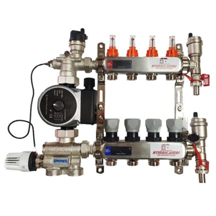 Set distribuitor pardoseala RTM cu 4 cai, 3/4", cu grup amestec Emmeti cu pompa 25/60 si kit aerisitor incluse