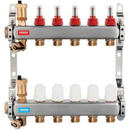 Distribuitor/colector Ferro tip SN-RZPU 1" din inox 4 circuite cu debitmetre si robineti termostatati
