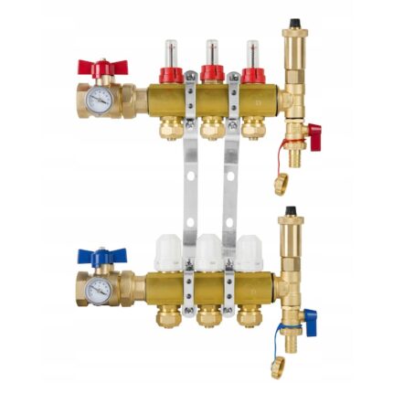 Distribuitor pentru incalzire in pardoseala, 4 circuite, Alama, Auriu