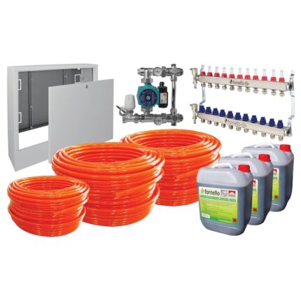 Pachet incalzire prin pardoseala Fornello, 110 mp, Teava PE-RT, Distribuitor-Colector, Grup de amestec fara pompa, Niplu redus 1-1/4" - 1", Pompa de recirculare, Cutie distribuitor, Aditiv sapa