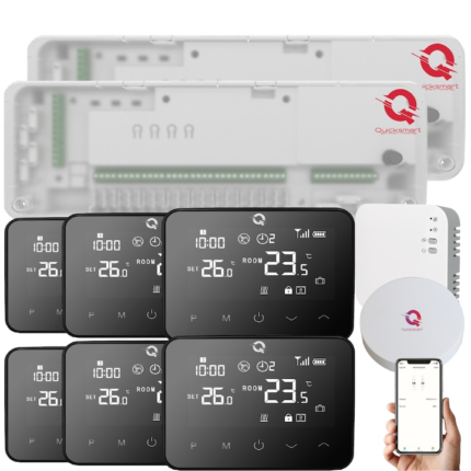 Kit Automatizare Incalzire Pardoseala Wireless Q20, 2x Controller 8 zone, 6 Termostate Wireless, Hub inclus, Smart, Wifi, RF, pentru pompe de caldura, centrale gaz, electrice, Negru