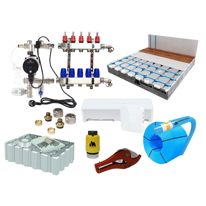 Kit incalzire prin pardoseala cu agent termic sistem uscat pentru parchet Magnum Heating, grosime 18 mm + Grup de mixare si automatizare WIFI, 90m²