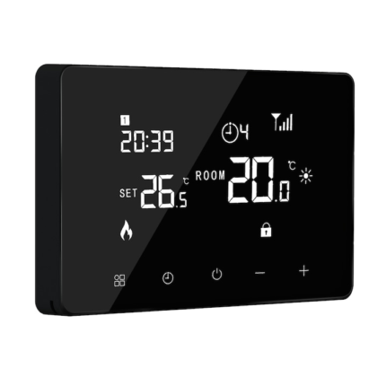 Termostat inteligent Q10 cu fir, Gestionare si Monitorizare smart temperatura ambientala, Control prin aplicatie iOS/ Android, Programabil, Ecran LCD negativ, Panou frontal de sticla cu comenzi tactile, 220V