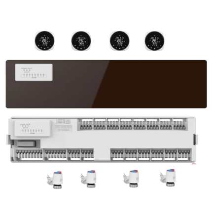 Sistem automatizare incalzire in pardoseala centru de comanda incalzire pardoseala, 4 termostate inteligente cu fir HY316 controlate prin Internet, 4 actuatoare