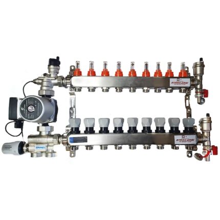 Set distribuitor pardoseala RTM cu 9 cai, 3/4", cu grup amestec Emmeti cu pompa 25/60 si kit aerisitor incluse