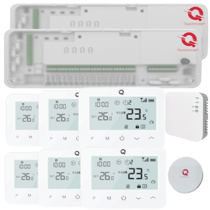 Kit Automatizare Incalzire Pardoseala Wireless Q20, 2x Controller 8 zone, 6 Termostate Wireless, Hub inclus, Smart, Wifi, RF, pentru pompe de caldura, centrale gaz, electrice, Alb