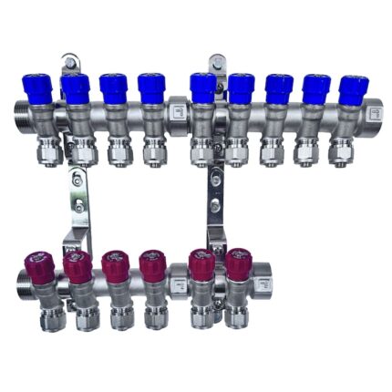 AQUA HEATING Distribuitor din alama 1" cu conectori PEX Eurocon 16x2.0 9 circuite Albastru 6 circuite Rosii