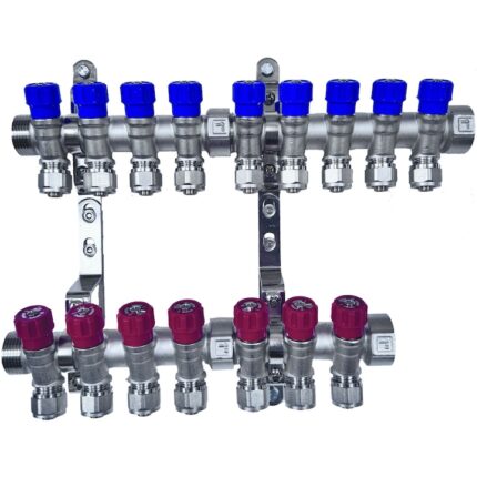 AQUA HEATING Distribuitor din alama 1" cu conectori PEX Eurocon 16x2.0 9 circuite Albastru 7 circuite Rosii