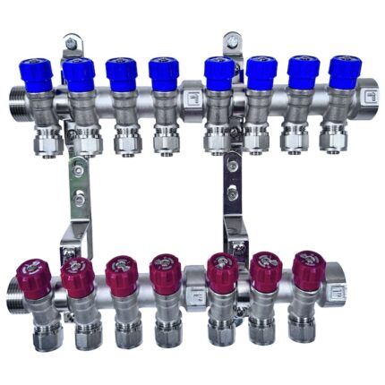 AQUA HEATING Distribuitor din alama 1" cu conectori PEX Eurocon 16x2.0 8 circuite Albastru 7 circuite Rosii