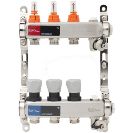 Set distribuitor Everline EVP-DSB3411/3, cu debitmetre, aerisitor manual si Robinetide golire 1"- 3 cai, Inox