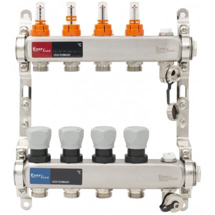 Set distribuitor Everline EVP-DSB3411/4, cu debitmetre, aerisitor manual si Robinetide golire 1"- 4 cai, Inox