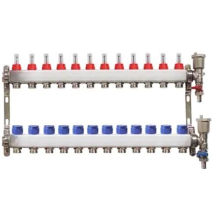 Set distribuitor / colector pentru 12 circuite cu debitmetre, robineti golire si aerisitoare automate, Daver, pentru incalzire in pardoseala
