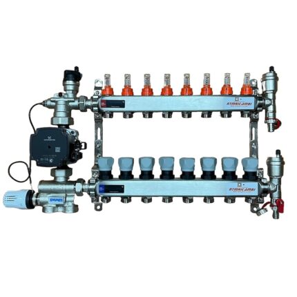 Set distribuitor pardoseala RTM cu 8 cai, 3/4", cu grup amestec Emmeti cu pompa Grundfos 25/70 UPM3 Hybrid si kit aerisitor incluse