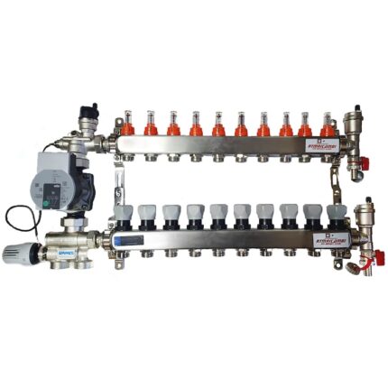 Set distribuitor pardoseala RTM cu 10 cai, 3/4", cu grup amestec Emmeti cu pompa Wilo Para 25/6 si kit aerisitor incluse