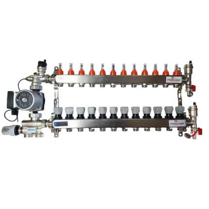 Set distribuitor pardoseala RTM cu 12 cai, 3/4", cu grup amestec Emmeti cu pompa 25/60 si kit aerisitor incluse