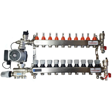 Set distribuitor pardoseala RTM cu 10 cai, 3/4", cu grup amestec Emmeti cu pompa 25/60 si kit aerisitor incluse