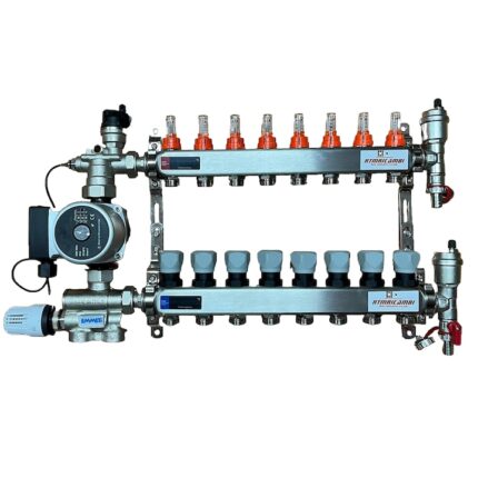 Set distribuitor pardoseala RTM cu 8 cai, 3/4", cu grup amestec Emmeti cu pompa 25/60 si kit aerisitor incluse